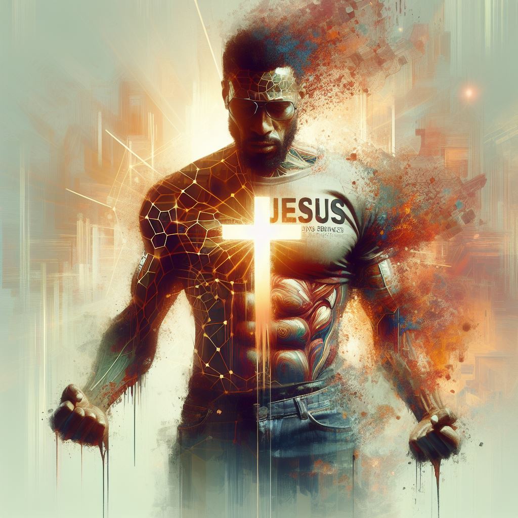An abstract image of someone wearing a Jesus t-shirt but a battle going on inside them